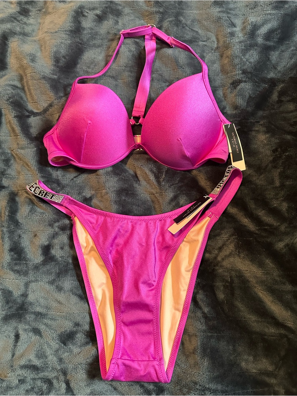 Victoria's Secret Fuchsia Rhinestone-Embellished Bikini Set